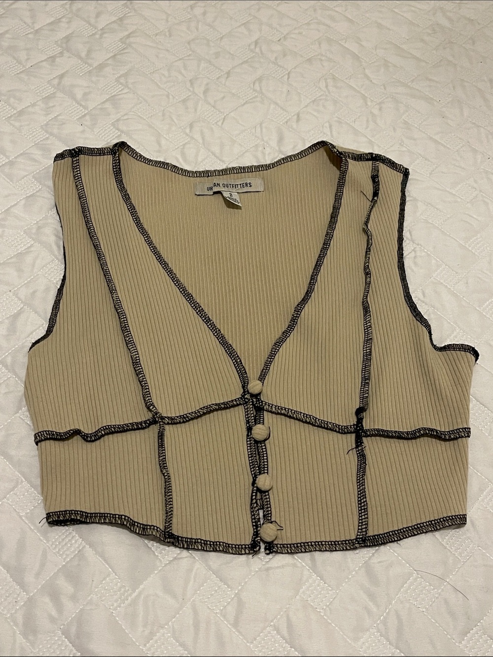 Urban Outfitters Beige Ribbed Cropped Button-Front Tank with Black Stitching